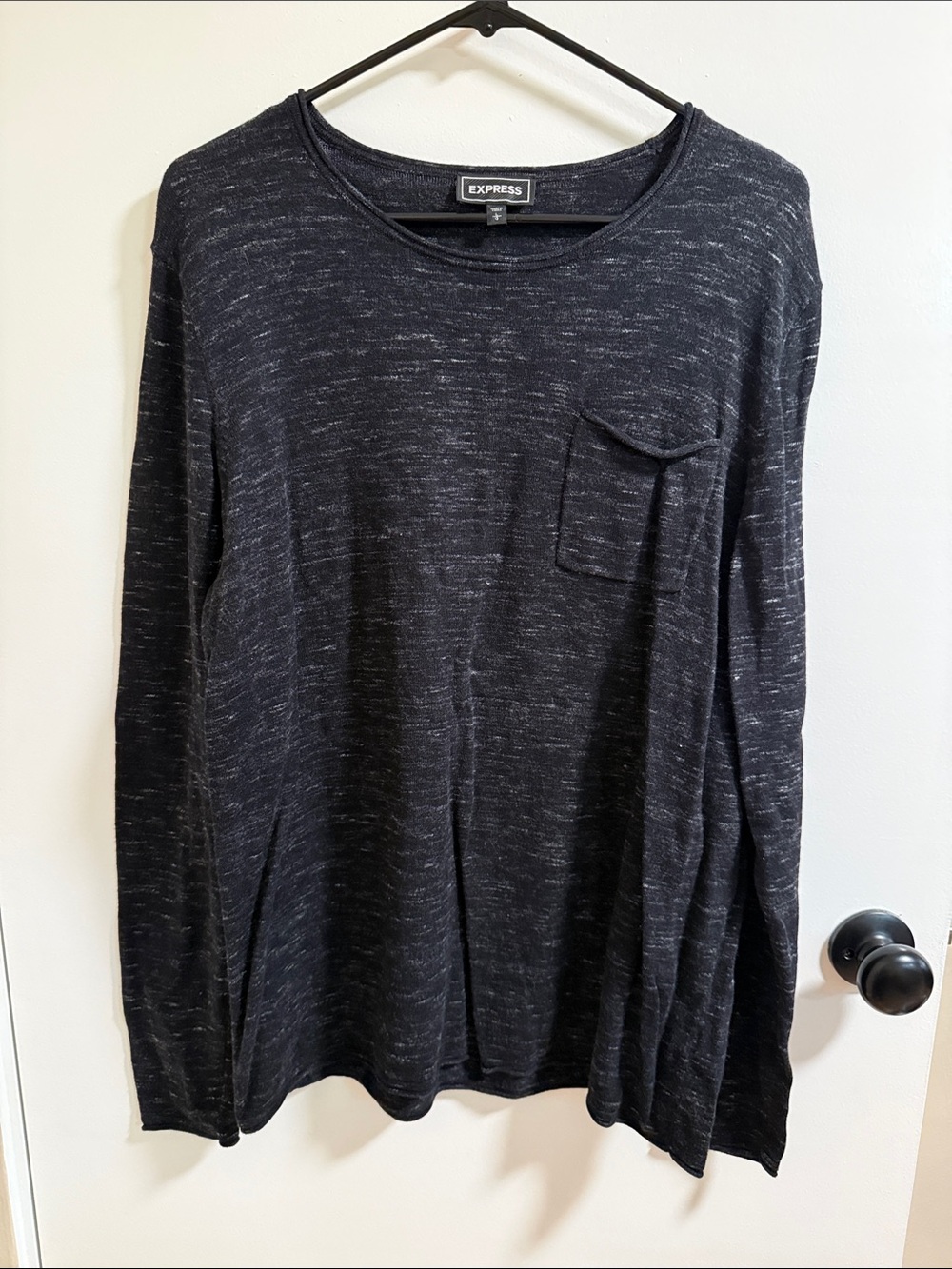 Express Men's Black Marled Crewneck Sweater with Chest Pocket